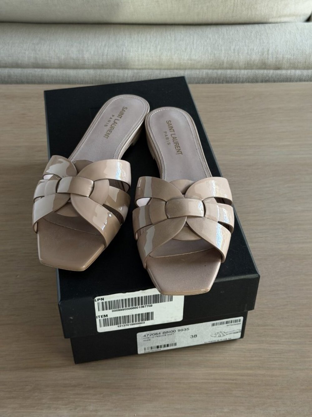 Saint Laurent Tribute Flat Slides Nude Patent Leather 38